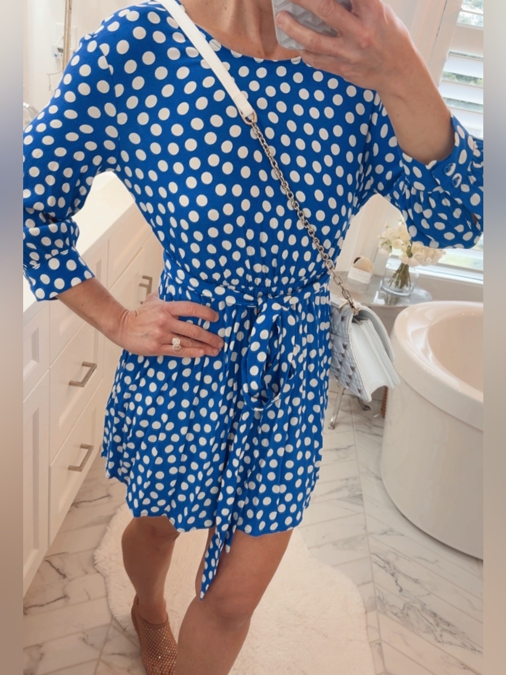 Zara trf collection Blue and White Polka Dot  Dress with Waist Tie XS